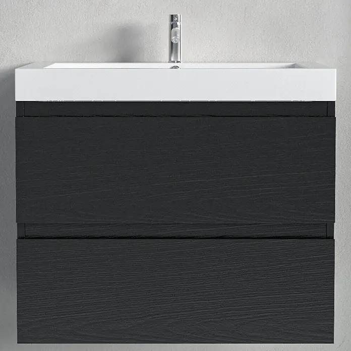 LOMAZOO Badmöbel-Set MON-ZE-WW-60 - Gesamtbreite Badmöbel: 60 cm, Schwarzeiche - Wandmontierter dunkelgrauer Badezimmerschrank mit Holzmaserung, weißem Waschbecken und silbernem Wasserhahn.