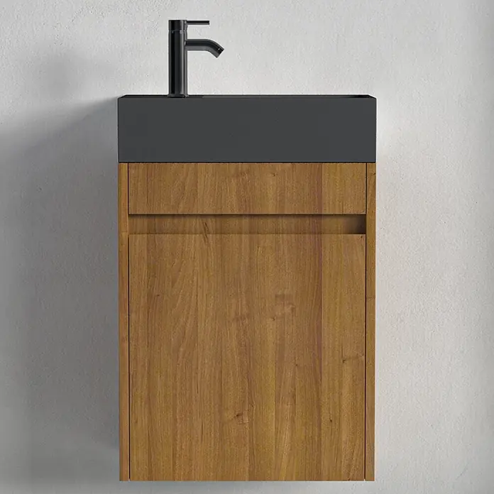 LOMAZOO Badmöbel-Set F02-30052-Z - Gesamtbreite Badmöbel: 40 cm, Warme Eiche - Wandmontierter Waschtischunterschrank mit anthrazitfarbener Platte, schwarzem Wasserhahn und hellbraunem Holzschrank.