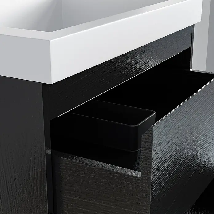 LOMAZOO Badmöbel-Set MON-ZE-WW-60 - Gesamtbreite Badmöbel: 60 cm, Schwarzeiche - Waschtisch in dunkler Holzoptik mit weißem Becken. Geöffnete Schublade zeigt einen schwarzen Organizer.