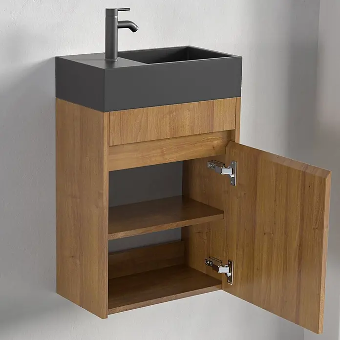 LOMAZOO Badmöbel-Set F02-30052-Z - Gesamtbreite Badmöbel: 40 cm, Warme Eiche - Wandmontierter Badunterschrank mit dunkelgrauem Waschbecken, schwarzem Wasserhahn und Holzschrank mit offener Tür und Regalböden.