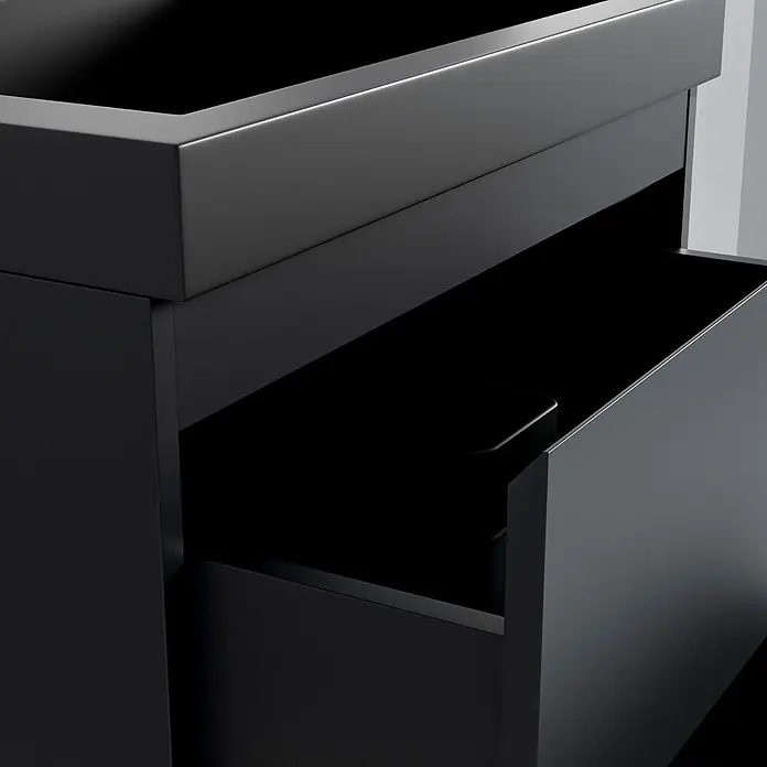 LOMAZOO Badmöbel-Set BMSET-60-MZ-WZ - Gesamtbreite Badmöbel: 60 cm, Mattschwarz - Dunkelgrauer matter Schrank mit teilweise geöffneter Schublade, die das dunkle Innere zeigt.
