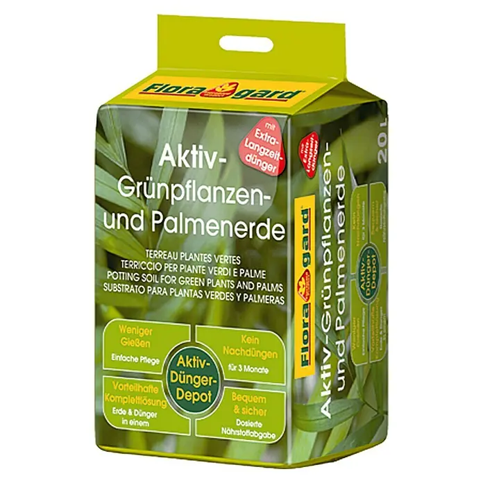 Floragard Grünpflanzen- & Palmenerde Aktiv - 20 l - Produktbild von "Flora Gard Aktiv-Grünpflanzen- und Palmenerde" im 20L Sack, spezielle Erde für Grünpflanzen und Palmen mit Langzeitdünger.