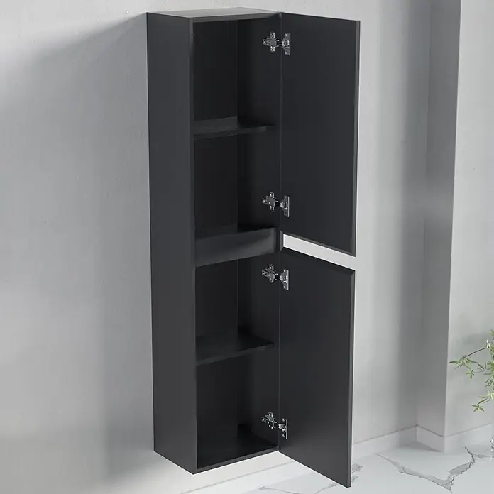 LOMAZOO Badmöbel-Set BMSET-100-MZ-WW - Gesamtbreite Badmöbel: 100 cm, Mattschwarz - Dunkelgrauer Wandschrank mit zwei offenen Türen und Innenfächern.
