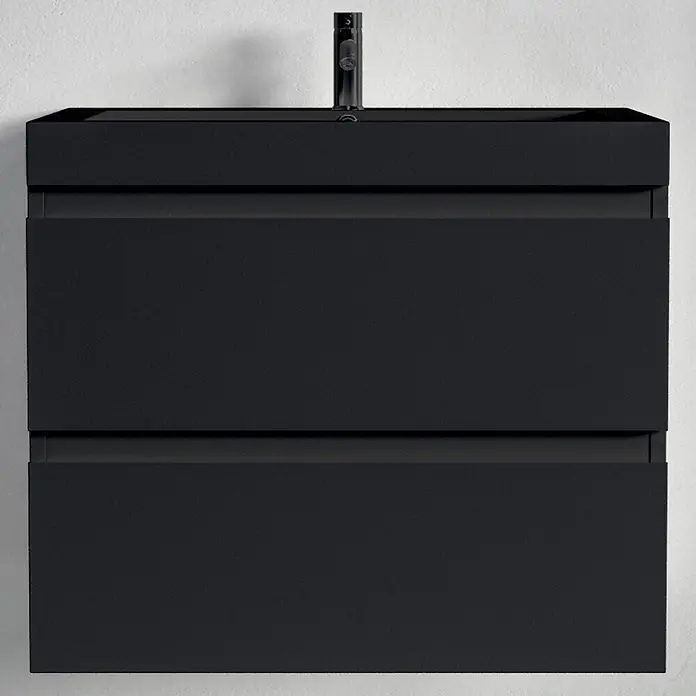 LOMAZOO Badmöbel-Set MON-MZ-WZ-60 - Gesamtbreite Badmöbel: 60 cm, Mattschwarz - Schwarzer schwebender Waschtischunterschrank mit zwei Schubladen und Armatur.