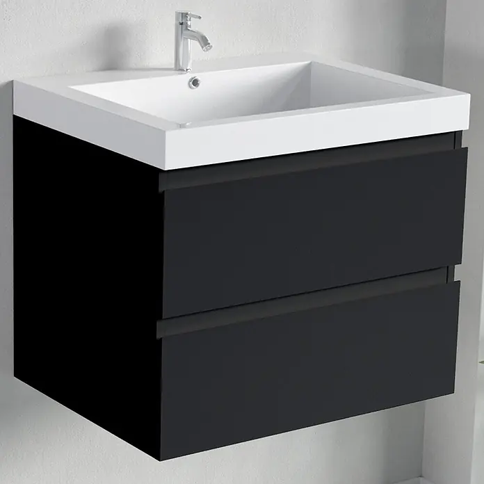 LOMAZOO Badmöbel-Set BMSET-60-MZ-WW - Gesamtbreite Badmöbel: 60 cm, Mattschwarz - Wandhängender, dunkelgrauer Waschtisch mit zwei Schubladen und weißem Waschbecken mit Chromarmatur.