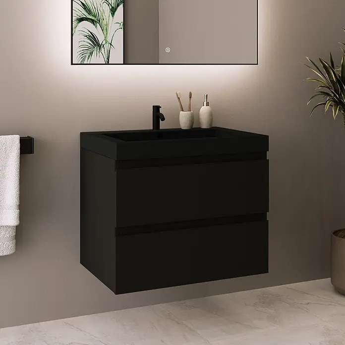 LOMAZOO Badmöbel-Set MON-MZ-WZ-60 - Gesamtbreite Badmöbel: 60 cm, Mattschwarz - Schwarzer schwebender Badezimmerschrank mit zwei Schubladen und integriertem Waschbecken in einem modernen Badezimmer.