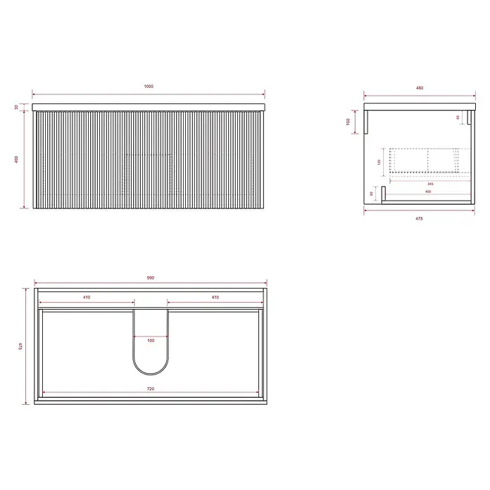LOMAZOO Badmöbel-Set MES-RIB-WW-100 - Gesamtbreite Badmöbel: 100 cm, Nussbaum - Technisches Zeichnung eines wandmontierten Badezimmermöbels mit detaillierten Maßen für Vorder-, Seiten- und Draufsicht.