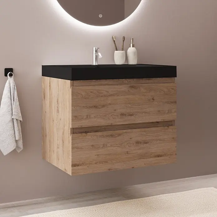 LOMAZOO MONACO Helles Eichenholz - Waschbecken Schwarz - 60 cm -  - Wandhängender Badunterschrank mit Holzoptik-Korpus, schwarzer Platte und silbernem Wasserhahn im modernen Bad.