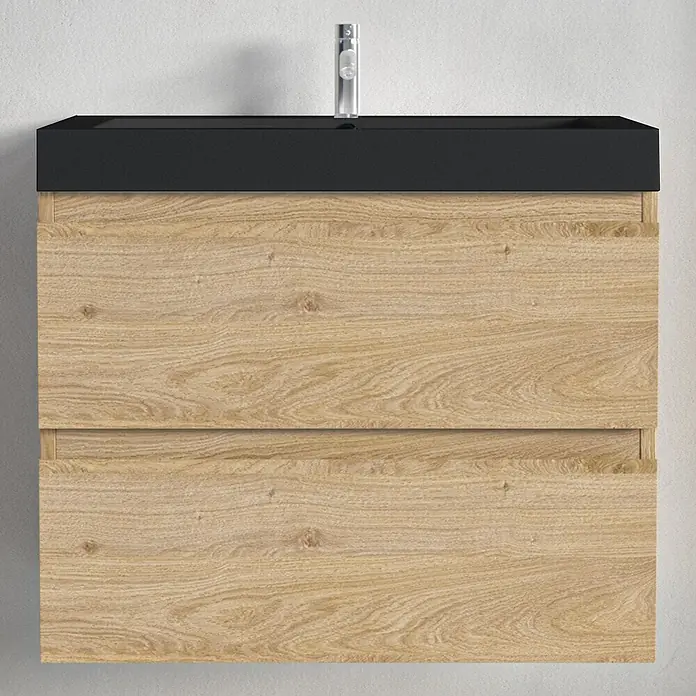 LOMAZOO MONACO Helles Eichenholz - Waschbecken Schwarz - 60 cm -  - Wandhängender Waschtischunterschrank mit schwarzem integriertem Waschbecken und Chromarmatur, zwei hellen Holzschubladen.