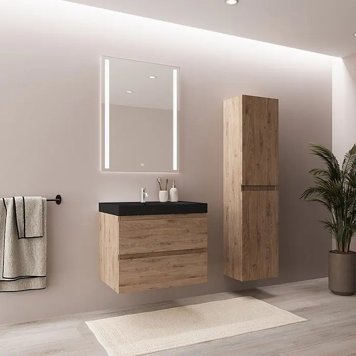 LOMAZOO MONACO Helles Eichenholz - Waschbecken Schwarz - 60 cm -  - Moderner Holz-Waschtisch mit schwarzer Platte und passendem Hochschrank im Badezimmer.