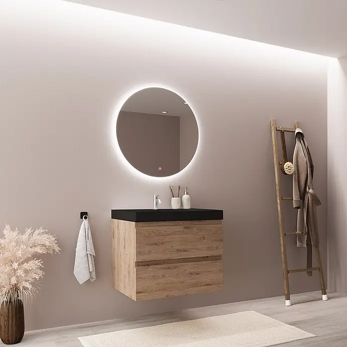 LOMAZOO MONACO Helles Eichenholz - Waschbecken Schwarz - 60 cm -  - Moderner schwebender Badezimmerschrank mit schwarzer Platte und hellen Holzschubladen, dazu ein runder beleuchteter Spiegel.