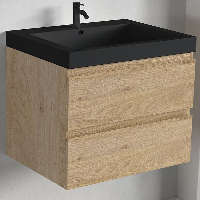 LOMAZOO Badmöbel-Set Avalon 60 cm Eiche hell, Waschbecken Schwarz -  - Wandhängender Waschtischunterschrank mit schwarzem Waschbecken und Armatur, hellem Holzschrank mit zwei Schubladen.