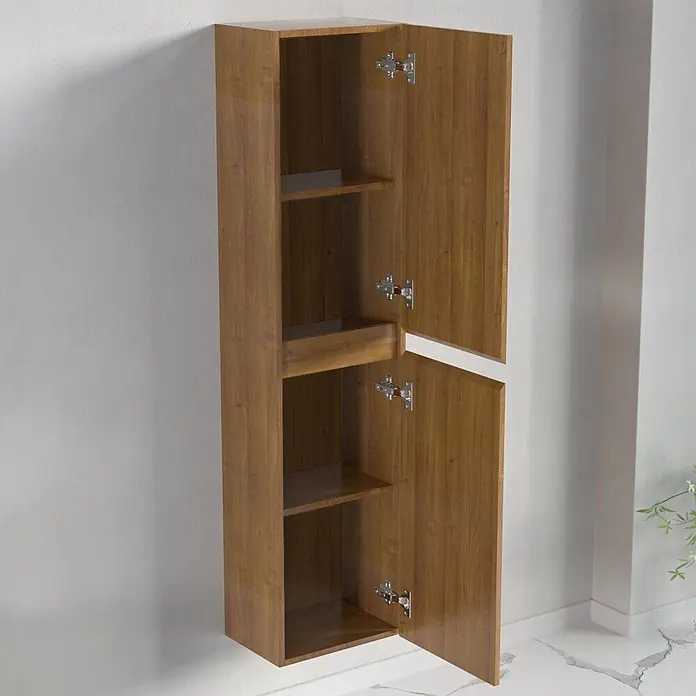 LOMAZOO Badmöbel-Set BMSET-100-WE-WW - Gesamtbreite Badmöbel: 100 cm, Warme Eiche - Wandhängender Holzschrank in Mittelbraun mit offenen Türen und Regalböden.