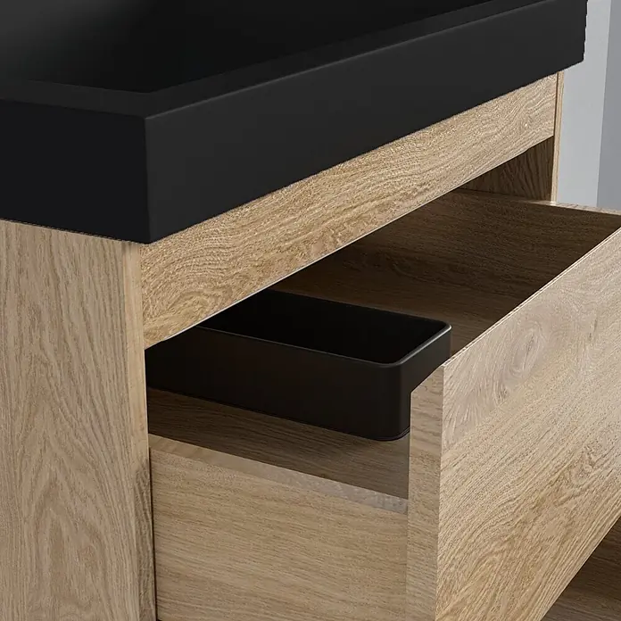 LOMAZOO MONACO Helles Eichenholz - Waschbecken Schwarz - 60 cm -  - Helles Holzmöbel mit schwarzer Platte und offener Schublade mit schwarzem Organizer.