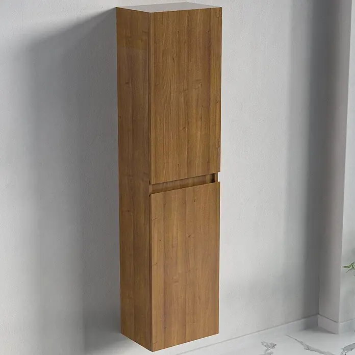 LOMAZOO Badmöbel-Set BMSET-100-WE-WW - Gesamtbreite Badmöbel: 100 cm, Warme Eiche - Hoher, schmaler, wandmontierter Holzschrank mit zwei Türen, Naturholzoptik.