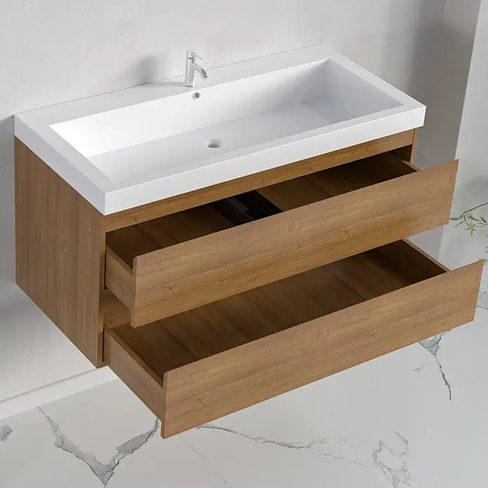 LOMAZOO Badmöbel-Set MON-WE-WW-100 - Gesamtbreite Badmöbel: 100 cm, Warme Eiche - Wandhängender Badunterschrank mit weißem Integralwaschbecken und naturfarbenem Holzschrank, zwei offene Schubladen.
