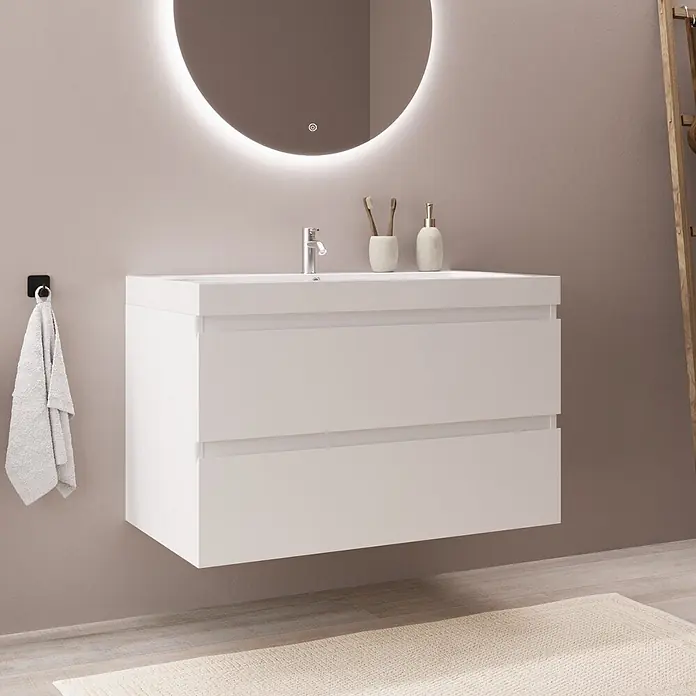 LOMAZOO Badmöbel Monaco 80 cm Weiß glänzend, Waschbecken Weiß -  - Weißer wandmontierter Badezimmer-Waschtisch mit integriertem Waschbecken und zwei Schubladen, in modernem Badambiente mit beleuchtetem Spiegel.