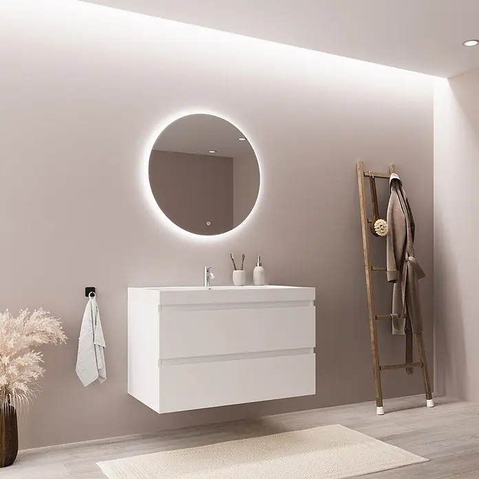 LOMAZOO Badmöbel Monaco 80 cm Weiß glänzend, Waschbecken Weiß -  - Weißer wandhängender Badezimmerschrank mit zwei Schubladen und integriertem Waschbecken in modernem Badambiente.