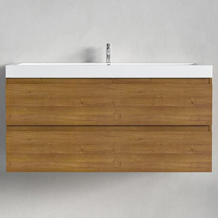 LOMAZOO Badmöbel-Set MON-WE-WW-100 - Gesamtbreite Badmöbel: 100 cm, Warme Eiche - Wandmontierter Badwaschtisch mit weißem integriertem Waschbecken und Wasserhahn, mit zweischubladigem Schrank in heller Holzoptik.