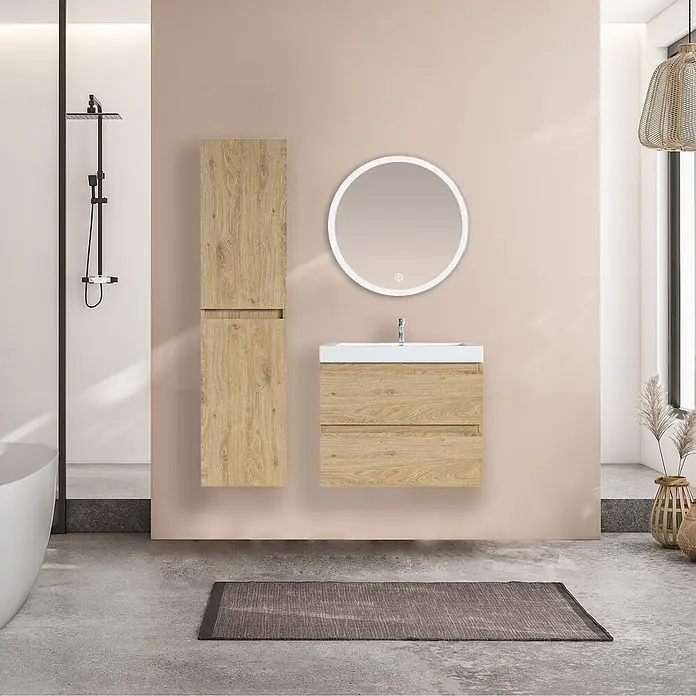 LOMAZOO Badmöbel-Set KOL01-1247 - Gesamtbreite Badmöbel: 35 cm, Helles Eichenholz - Schwimmender Waschtisch, Hochschrank und runder LED-Spiegel in hellem Holz im modernen Bad.