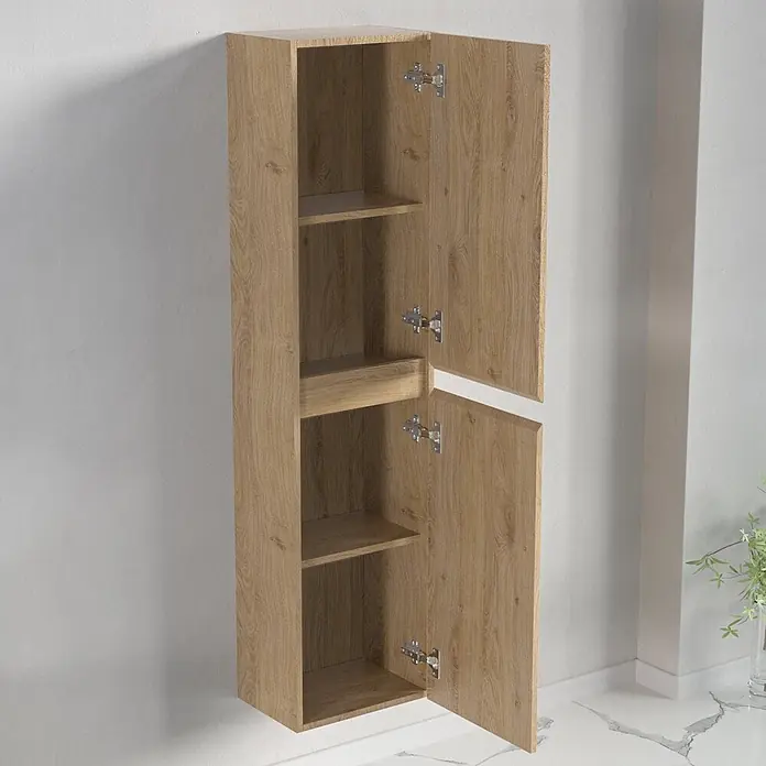 LOMAZOO Badmöbel-Set BMSET-100-LE-WW - Gesamtbreite Badmöbel: 100 cm, Helles Eichenholz - Hoher Wandschrank aus hellem Holz mit zwei geöffneten Türen und Einlegeböden.