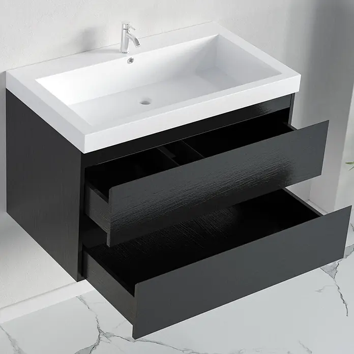 LOMAZOO Badmöbel-Set MON-ZE-WW-80 - Gesamtbreite Badmöbel: 80 cm, Schwarzeiche - Schwarzer wandhängender Waschtisch mit integriertem weißen Waschbecken und zwei geöffneten Schubladen.