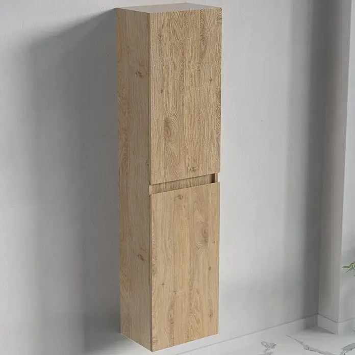 LOMAZOO Badmöbel-Set BMSET-100-LE-WW - Gesamtbreite Badmöbel: 100 cm, Helles Eichenholz - Hoher wandmontierter Schrank mit heller Holzoptik und zwei Türen.