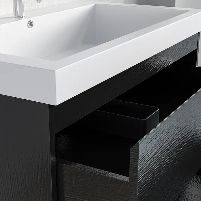 LOMAZOO Badmöbel-Set MON-ZE-WW-80 - Gesamtbreite Badmöbel: 80 cm, Schwarzeiche - Weißes Keramikwaschbecken in dunklem Badunterschrank mit Holzmaserung und geöffneter Schublade mit Organizer.