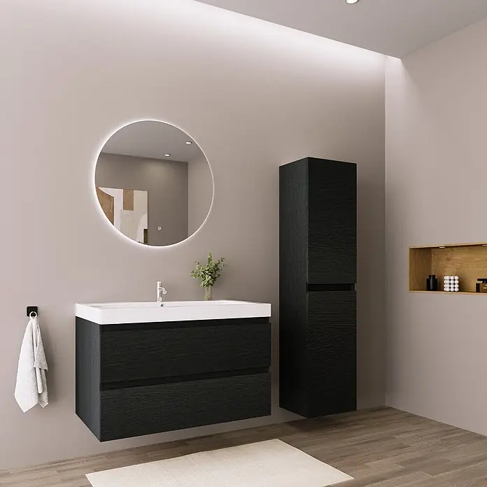 LOMAZOO Badmöbel-Set MON-ZE-WW-80 - Gesamtbreite Badmöbel: 80 cm, Schwarzeiche - Moderner Waschtisch aus schwarzem Holzdekor mit integriertem Waschbecken und passendem Hochschrank in einem Badezimmer.