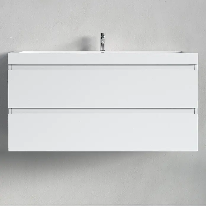 LOMAZOO Badmöbel-Set BMSET-100-GW-WW - Gesamtbreite Badmöbel: 100 cm, Glänzend weiß - Weißer wandhängender Badunterschrank mit zwei Schubladen, integriertem Waschbecken und Chromarmatur.