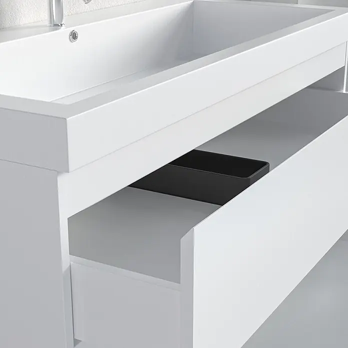 LOMAZOO Badmöbel-Set BMSET-100-GW-WW - Gesamtbreite Badmöbel: 100 cm, Glänzend weiß - Weißer Badunterschrank mit integriertem Waschbecken und offener Schublade mit schwarzem Organizer.