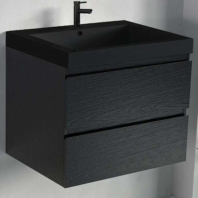 LOMAZOO Badmöbel-Set BMSET-60-ZE-WZ - Gesamtbreite Badmöbel: 60 cm, Schwarzeiche - Schwarzer wandmontierter Badunterschrank mit integriertem Waschbecken und Wasserhahn, Holzmaserung auf den Schubladen.