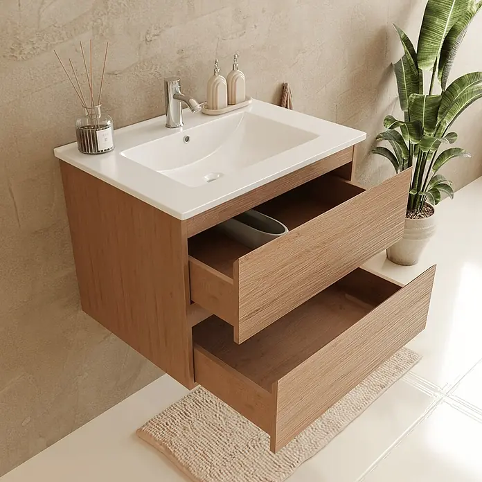 LOMAZOO Badmöbel-Set LM-MAR-LE-WW-60 - Gesamtbreite Badmöbel: 60 cm, Helles Eichenholz - Waschtischunterschrank aus Holz mit weißem Waschbecken und zwei geöffneten Schubladen.