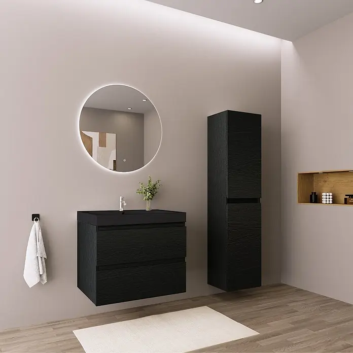 LOMAZOO Badmöbel-Set BMSET-60-ZE-WZ - Gesamtbreite Badmöbel: 60 cm, Schwarzeiche - Modernes schwarzes Badmöbel-Set aus Waschtischunterschrank und hohem Schrank in Holzoptik im Badezimmer.