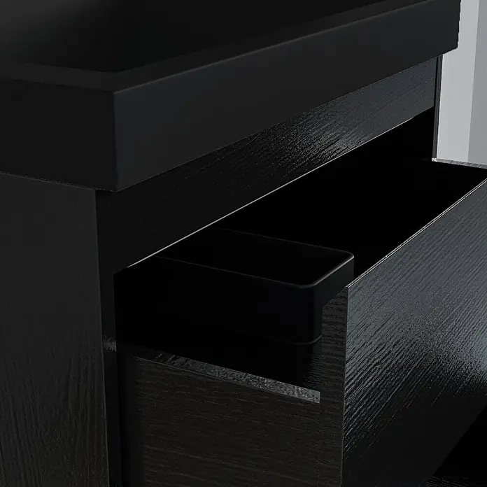 LOMAZOO Badmöbel-Set BMSET-60-ZE-WZ - Gesamtbreite Badmöbel: 60 cm, Schwarzeiche - Schwarzer Holzschrank mit einer geöffneten Schublade, die eine schwarze Organizer-Schale zeigt.