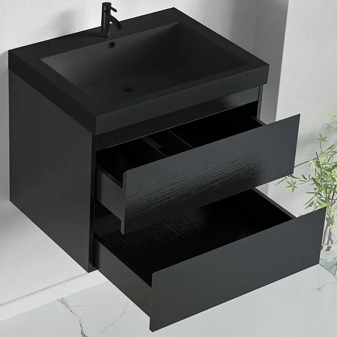 LOMAZOO Badmöbel-Set BMSET-60-ZE-WZ - Gesamtbreite Badmöbel: 60 cm, Schwarzeiche - Schwarzer wandmontierter Waschtisch mit schwarzem Waschbecken und zwei offenen Schubladen in Holzoptik.