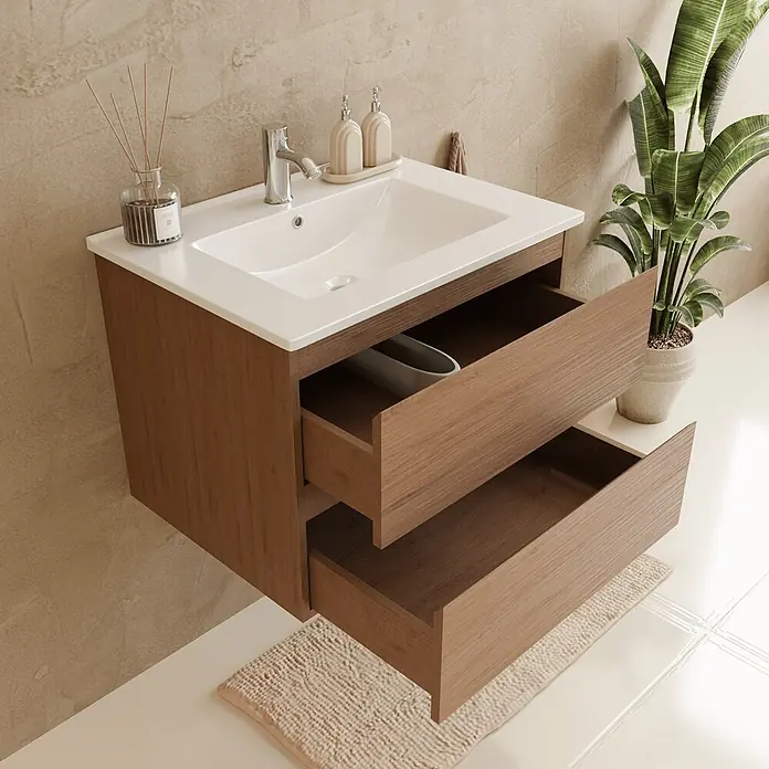 LOMAZOO Badmöbel-Set LM-MAR-WE-WW-60 - Gesamtbreite Badmöbel: 60 cm, Warme Eiche - Moderner Holzbadschrank mit weißem Waschbecken, Chromarmatur und zwei geöffneten Schubladen.
