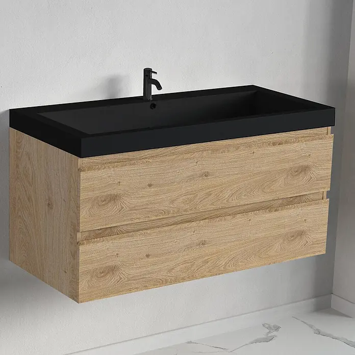 LOMAZOO Badmöbel-Set BMSET-100-LE-WZ - Gesamtbreite Badmöbel: 100 cm, Helles Eichenholz - Wandmontierter Badunterschrank mit schwarzem integriertem Waschbecken und zwei Schubladen in heller Holzmaserung.