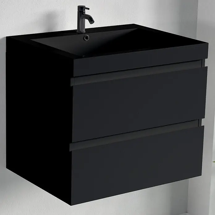 LOMAZOO Badmöbel-Set BMSET-60-MZ-WZ - Gesamtbreite Badmöbel: 60 cm, Mattschwarz - Schwarzer wandmontierter Badunterschrank mit integriertem Waschbecken und schwarzer Armatur.
