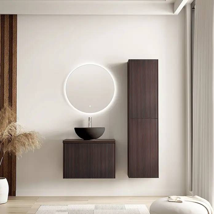 LOMAZOO Badmöbel-Set TRO-RIB-WZ-60 - Gesamtbreite Badmöbel: 60 cm, Nussbaum - Modernes Bad mit dunkler geriffelter Hängekommode, schwarzem Aufsatzwaschbecken und rundem LED-Spiegel, dazu ein passender hoher Schrank.
