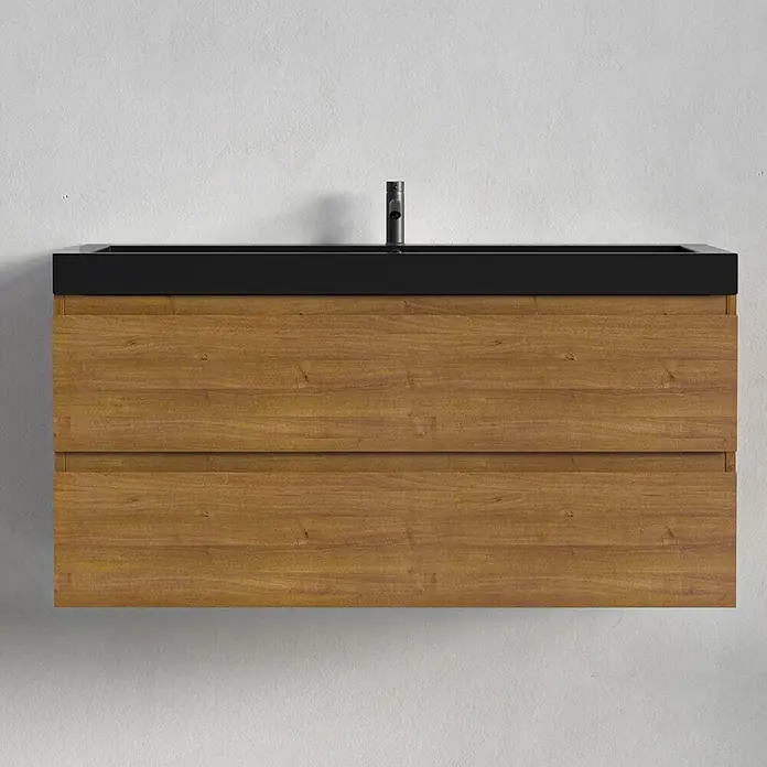 LOMAZOO Badmöbelset AVALON 100 cm - Mit Hochschrank - Warmes Eichenholz - Waschbecken Schwarz -  - Wandhängender Waschtisch mit schwarzem Waschbecken und hellbraunem Holzschrank mit zwei Schubladen, inklusive schwarzem Wasserhahn.