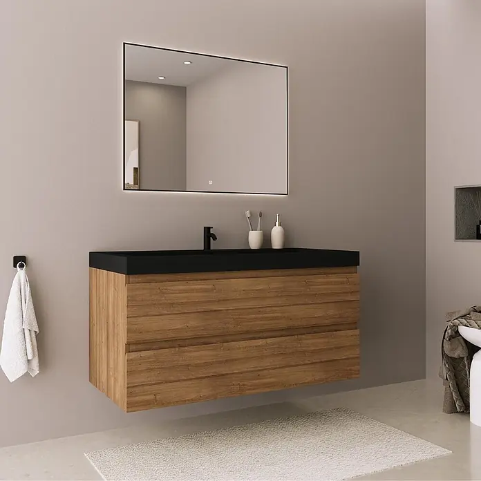 LOMAZOO Badmöbelset AVALON 100 cm - Mit Hochschrank - Warmes Eichenholz - Waschbecken Schwarz - 