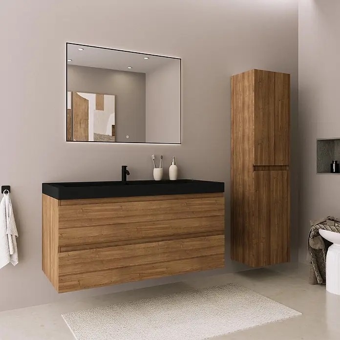 LOMAZOO Badmöbel-Set KOL01-30052 - Gesamtbreite Badmöbel: 35 cm, Warme Eiche - Schwebender Badezimmerschrank aus Holz mit schwarzer Platte, passender Hochschrank und beleuchteter Spiegel in modernem Bad.