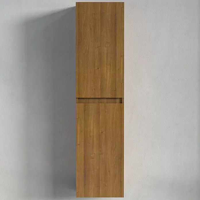 LOMAZOO Badmöbel-Set KOL01-30052 - Gesamtbreite Badmöbel: 35 cm, Warme Eiche - Hoher, schmaler, griffloser Wandschrank in Naturholzoptik, mit zwei Sektionen und Griffmulden.