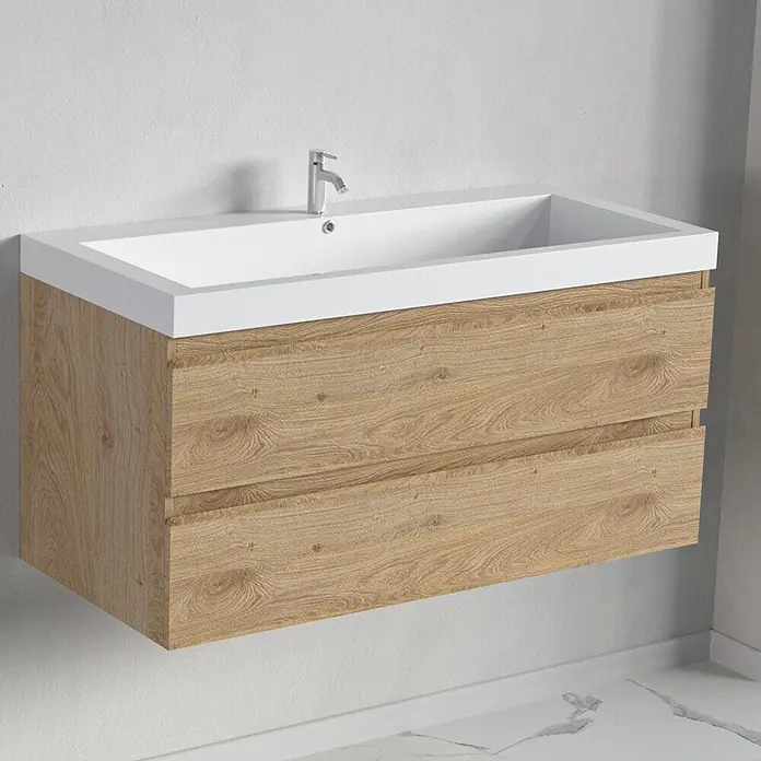LOMAZOO Badmöbel-Set BMSET-100-LE-WW - Gesamtbreite Badmöbel: 100 cm, Helles Eichenholz - Wandhängender Waschtischunterschrank mit weißem Integralwaschbecken und zwei hellen Holzschubladen.