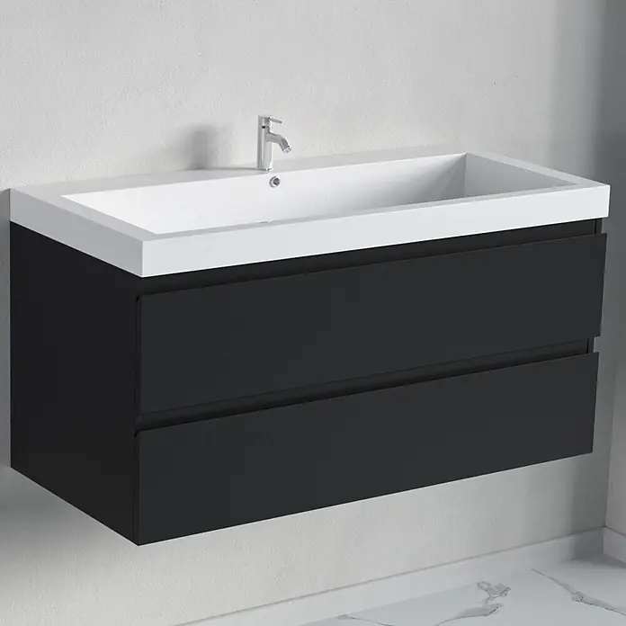 LOMAZOO Badmöbel-Set BMSET-100-MZ-WW - Gesamtbreite Badmöbel: 100 cm, Mattschwarz - Wandhängender dunkelgrauer Badschrank mit zwei Schubladen und integriertem weißem Waschbecken mit Chromarmatur.