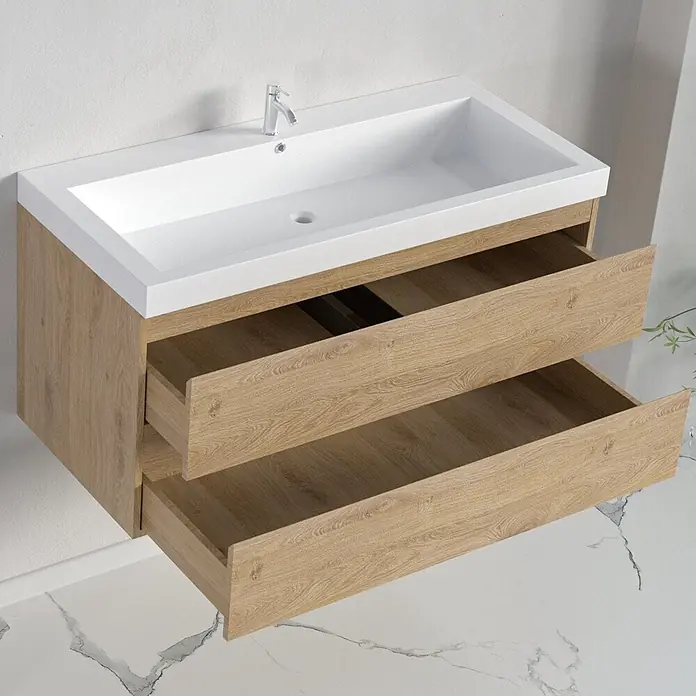 LOMAZOO Badmöbel-Set MON-LE-WW-100 - Gesamtbreite Badmöbel: 100 cm, Helles Eichenholz - Wandhängender Waschtischunterschrank aus hellem Holz mit weißem Waschbecken und zwei geöffneten Schubladen.