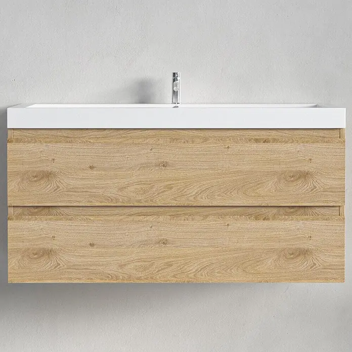 LOMAZOO Badmöbel-Set MON-LE-WW-100 - Gesamtbreite Badmöbel: 100 cm, Helles Eichenholz - Wandhängender Badschrank mit integriertem weißem Waschbecken, hellem Holzschrank mit zwei Schubladen und Chromarmatur.