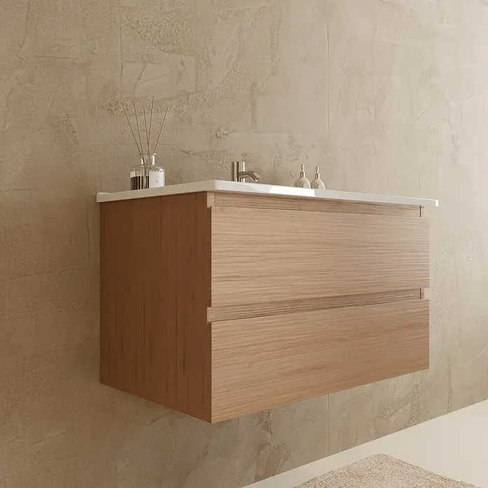 LOMAZOO Badmöbel-Set LM-VER-LE-WW-80 - Gesamtbreite Badmöbel: 80 cm, Helles Eichenholz - Wandhängender Waschtisch aus hellem Holz mit integriertem weißen Waschbecken und zwei Schubladen.