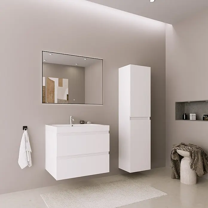 LOMAZOO Badmöbel-Set BMSET-60-GW-WW - Gesamtbreite Badmöbel: 60 cm, Glänzend weiß - Modernes Badezimmer mit weißem, schwebendem Waschtisch, hohem Schrank und großem, beleuchtetem Spiegel.